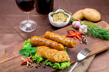 Grilled sausage with vegetables and mustard