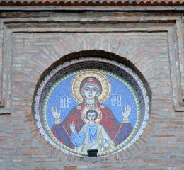 Bucharest, Romania:  Rosette of Madonna and Child at Entrance to Antim Monastery, Bucharest, Romania