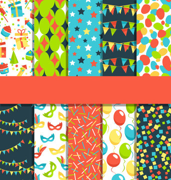 Set of 10 seamless bright fun celebration festive abstract patte