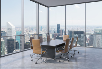 Panoramic conference room in modern office in New York City. Brown chairs and a black table. 3D rendering.