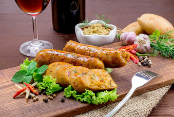 Grilled sausage with vegetables and mustard