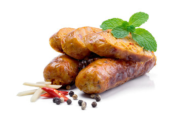 smoked sausage against on white background
