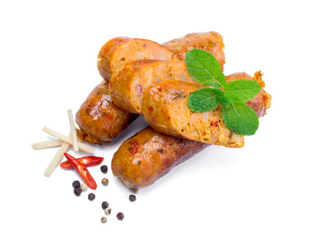 smoked sausage against on white background