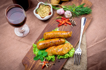 Grilled sausage with vegetables and mustard