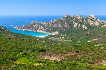 Fototapeta na wymiar Corsica, landscape with mountains and beach