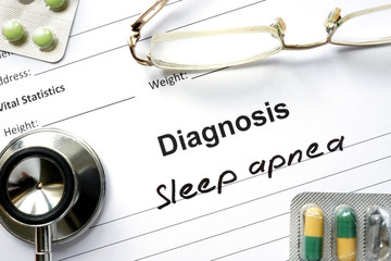 Diagnostic form with diagnosis Sleep apnea and pills. - obrazy, fototapety, plakaty