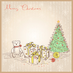 Vintage Christmas card with gifts and presents.Vector drawing  i