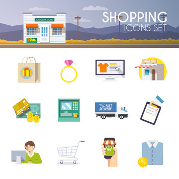 Colourful shopping vector icon set for your business, web sites, presentations, advertising etc. Quality design illustrations, elements and concept. Flat icons.
