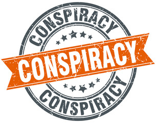 conspiracy round orange grungy vintage isolated stamp
