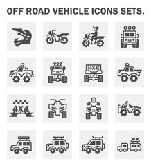 Off road vehicle and accessories vector icon consist of helmet, motocross bike or motorbike, ppv or suv, pickup truck, atv and trailer. Extreme sport racing on dirt trail road. Also travel, camping. © DifferR