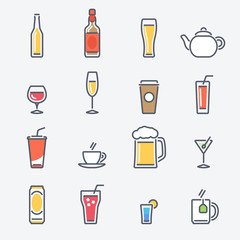 Drinks Icons Set. Trendy Thin Line Design with Flat Elements. Vector Illustration.