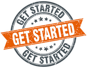 get started round orange grungy vintage isolated stamp