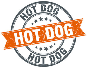 hot dog round orange grungy vintage isolated stamp