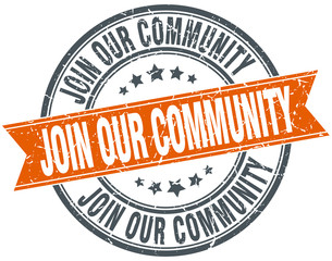 join our community round orange grungy vintage isolated stamp