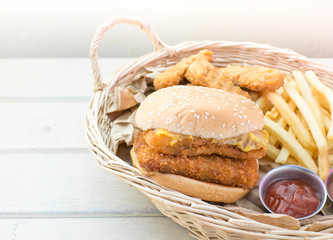 double fish burger, french fried and chicken fried
