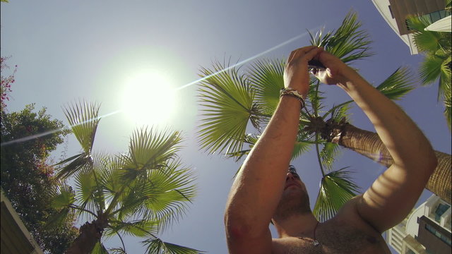 Man photographs on phone a panorama under palm trees