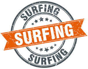 surfing round orange grungy vintage isolated stamp