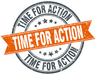 time for action round orange grungy vintage isolated stamp