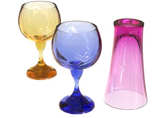 three glass set in yellow, green and blue