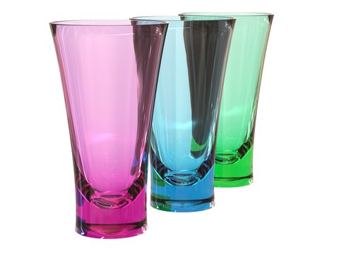 three glass set in pink, green and blue