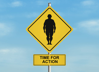  Road sign with the issue of obesity and proper weight on the sky background. Raster illustration. - obrazy, fototapety, plakaty