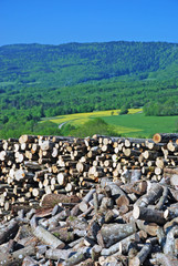 Wood piling up with green mountains background