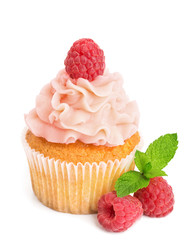 cupcake with fresh raspberry isolated on white