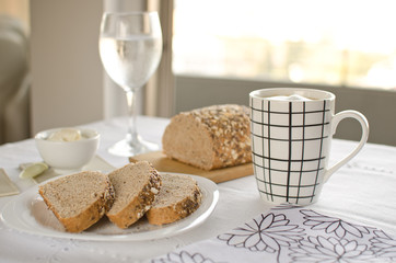 Healthy Breakfast: milk coffee with toasts and marmalade.