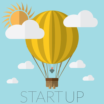Flat design modern vector illustration of a hot air balloon concept for new business project startup, launching new innovation product, creative start on market