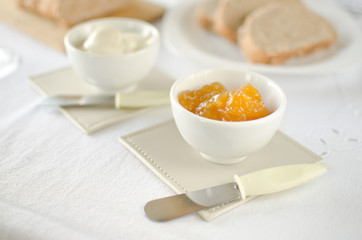 Healthy Breakfast: milk coffee with toasts and marmalade.