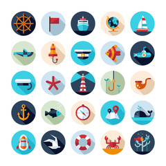 Set of vintage flat design modern nautical, marine icons