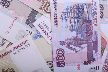 Russian money background. Rubles banknotes closeup texture