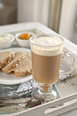Healthy Breakfast: milk coffee with toasts and marmalade.