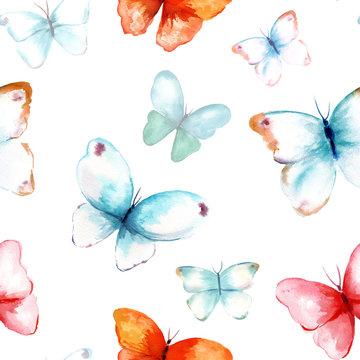 A seamless background pattern with watercolour butterflies