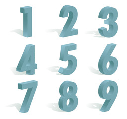 9 numbers in 3D with shadow on white background