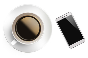 coffee and phone isolated on white