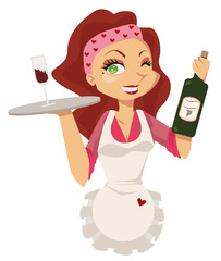 cartoon waitress serving a glas and a bottle of wine