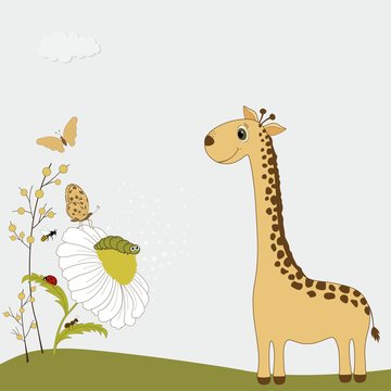  Cute giraffe with chamomile and insects
