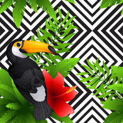 Vector tropical pattern with toucan and  hibiscus, palm leaves © vik_y