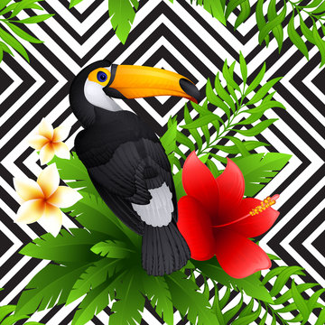 Vector tropical pattern with toucan and  hibiscus, frangipani