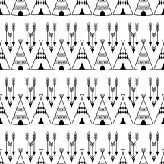 Seamless wigwam illustration with arrows. Black and white indian background pattern in vector. Tee pee monochrome native american summer tent pattern.