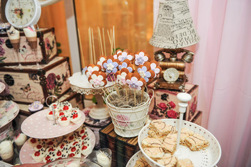 Wedding decoration with pastel colored cupcakes, meringues, muffins and macaroons