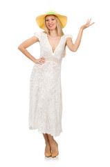 Naklejka premium Woman in long summer dress and hat isolated on white