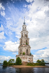 Fototapeta na wymiar The bell tower of St. Nicholas Cathedral on island. From boat