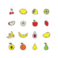 Set color line icons fruit. Banana, apple, strawberry, cherry, p