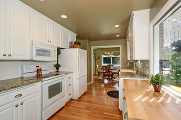 state of the art kitchen with white accents and green walls.