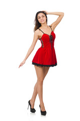Woman wearing short mini red dress isolated on white