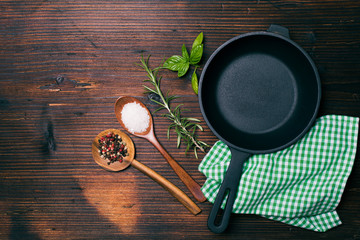 Frying pan and herbs
