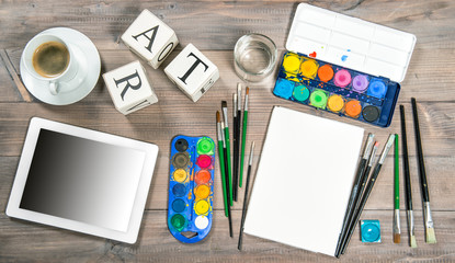 Artistic workplace mock up with painting tools and accessories