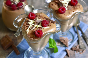 Chocolate mousse with raspberry.